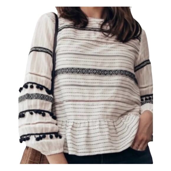 Zara Woman Cream Black Stripe Ribbon Fringe Balloon Sleeve Hippie Chic Top S - Picture 1 of 13